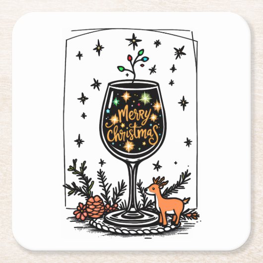 Vrolijk kerstfeest in een wijnglas vierkante kartonnen onderzetter (Voorkant)