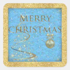 Vrolijk kerstfeest in goud en blauw vierkante sticker