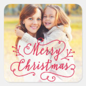 Vrolijk kerstfeest in Red Script Holiday Foto Vierkante Sticker (Voorkant)