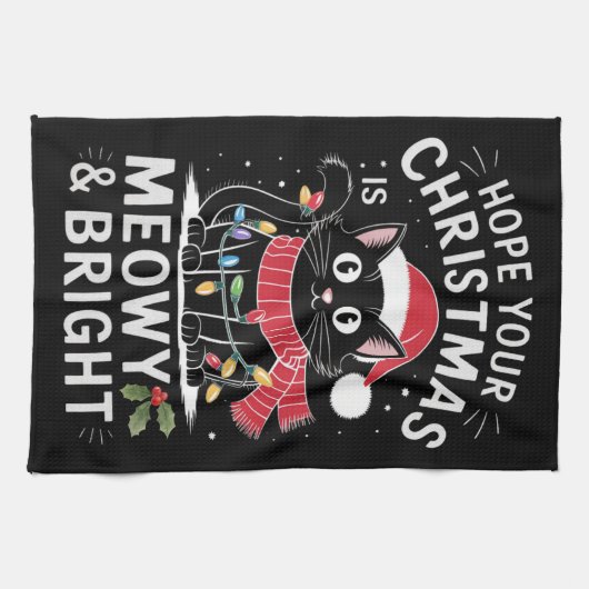 Vrolijk Kerstfeest is Poes en Helder Kat Kerstmis Theedoek (Horizontaal)