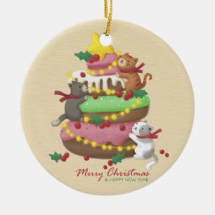 Vrolijk Kerstfeest: Katten & snoepjes Illustratie Keramisch Ornament
