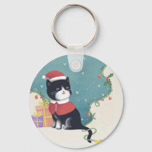 Vrolijk Kerstfeest: Kattenillustratie Kunst Sleutelhanger