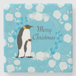 vrolijk kerstfeest, kerst,pinguïn,bloemen stenen onderzetter