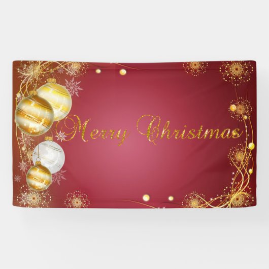 Vrolijk kerstfeest, kerstballen, rood spandoek (Horizontaal)