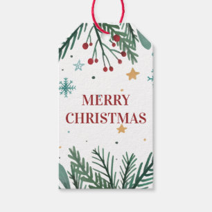 Vrolijk kerstfeest, kerstboomtakken, sterren cadeaulabel