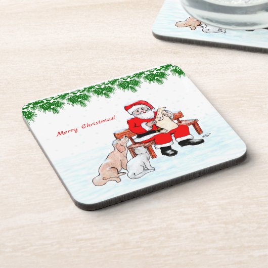 Vrolijk kerstfeest - Kerstman met kat en hond Bier Onderzetter (Linkerzijde)
