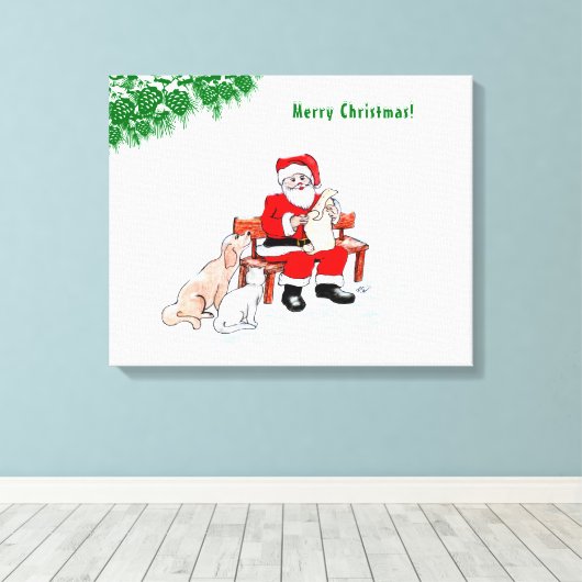 Vrolijk kerstfeest - Kerstman met kat en hond Canvas Afdruk (Insitu (Houten vloer))