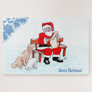 Vrolijk kerstfeest - Kerstman met kat en hond Legpuzzel
