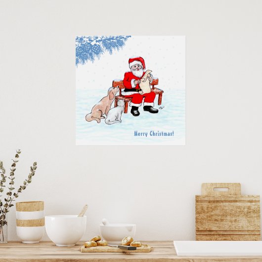 Vrolijk kerstfeest - Kerstman met kat en hond Poster (Keuken)