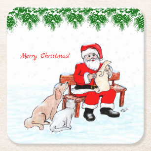Vrolijk kerstfeest - Kerstman met kat en hond Vierkante Kartonnen Onderzetter