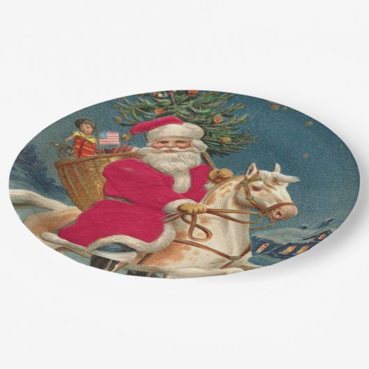 Vrolijk kerstfeest kerstman op paard papieren bordje (Gekanteld)