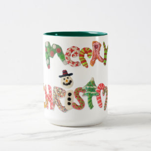 vrolijk kerstfeest kleurrijke typografie grappige tweekleurige koffiemok