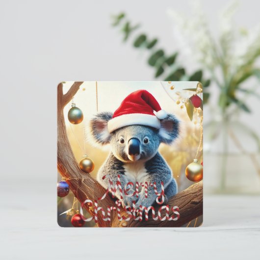Vrolijk Kerstfeest Koala Santa hat Gumtree Baubles Feestdagenkaart (Staand voorkant)