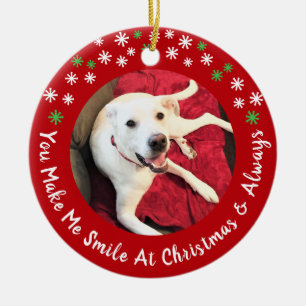 Vrolijk Kerstfeest Lachende Hond Foto Grappig Rode Keramisch Ornament