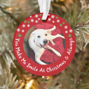 Vrolijk Kerstfeest Lachende Hond Foto Grappig Rode Ornament
