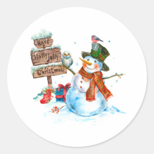 Vrolijk Kerstfeest Leuke Sneeuwman en Vogels Ronde Sticker