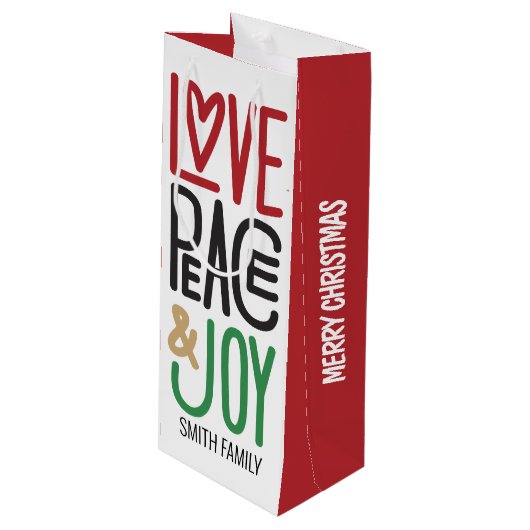 Vrolijk kerstfeest | Liefde, vrede en vreugde, uw Wijn Cadeautas (Voorkant Gekanteld)