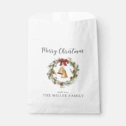Vrolijk kerstfeest, loof krans met gouden klokken bedankzakje (Voorkant)