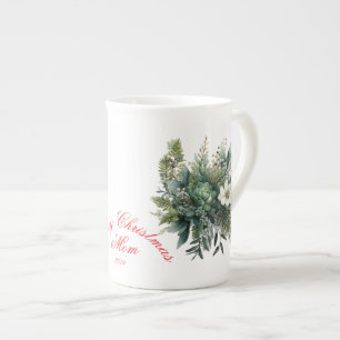 Vrolijk Kerstfeest Mama Groene Bloemen Porselein Kop