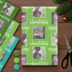 Vrolijk kerstfeest met 2 vierkante foto's - blauw  inpakpapier vel