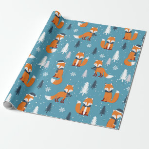 Vrolijk kerstfeest met boom Sneeuw Fox White Blue  Cadeaupapier
