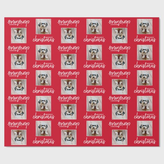 Vrolijk kerstfeest met één vierkant foto - rood cadeaupapier (Vlak)