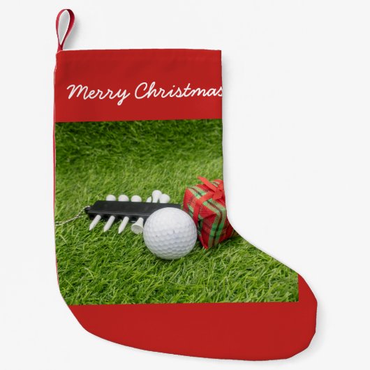 Vrolijk kerstfeest met golf en cadeau op groen kleine kerstsok (Voorkant)
