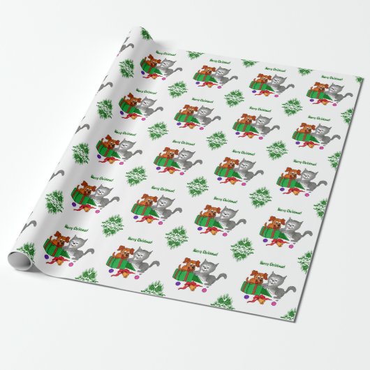 Vrolijk kerstfeest met kat en hond cadeaupapier (Uitgerold)