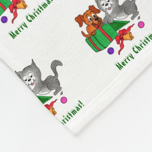 Vrolijk kerstfeest met kat en puppy fleece deken (Hoek)