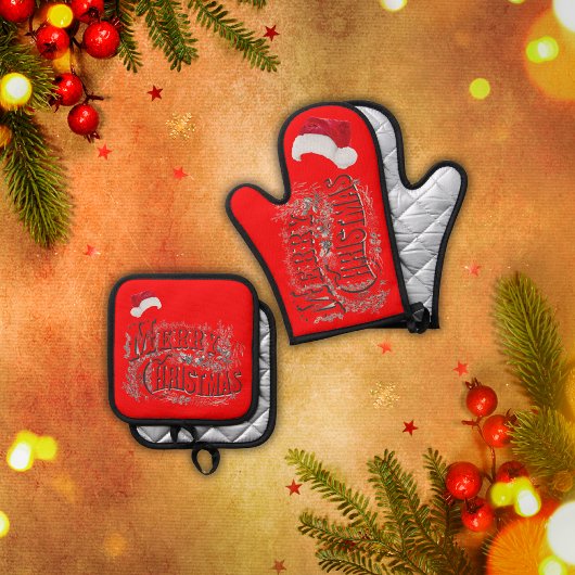 Vrolijk kerstfeest - , met kerstmuts | ovenwant & pannenlap set