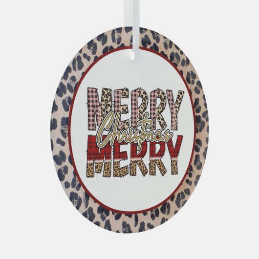Vrolijk kerstfeest met luipaard en plaid print glas ornament (Voorkant Rechts)