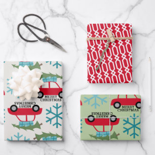 Vrolijk kerstfeest met Retro Car-kerstcadeau Inpakpapier Vel