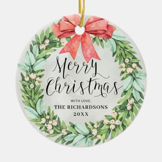 Vrolijk kerstfeest met rode bow foto Foto Keramisch Ornament (Voorkant)