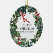 Vrolijk kerstfeest met speciaal aangepast rood bor keramisch ornament (Rechts)