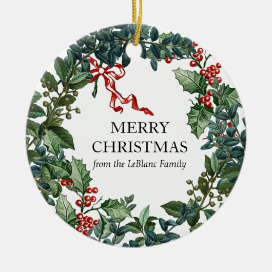 Vrolijk kerstfeest met speciaal aangepast rood bor keramisch ornament (Voorkant)