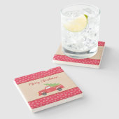 Vrolijk kerstfeest met vrachtwagen en boom, famili stenen onderzetter (Zijkant)