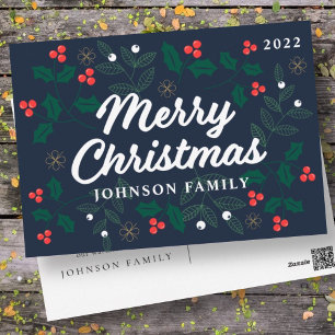 Vrolijk kerstfeest Modern Red Holly Berries Feestdagenkaart