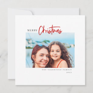 Vrolijk kerstfeest Modern Red Script Minimalist Fo Feestdagenkaart