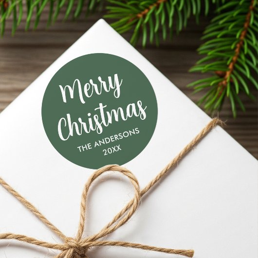 Vrolijk Kerstfeest Modern Script Custom Name Green Ronde Sticker