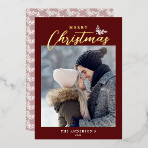 Vrolijk kerstfeest Modern script Foto Red Gold Folie Feestdagenkaart