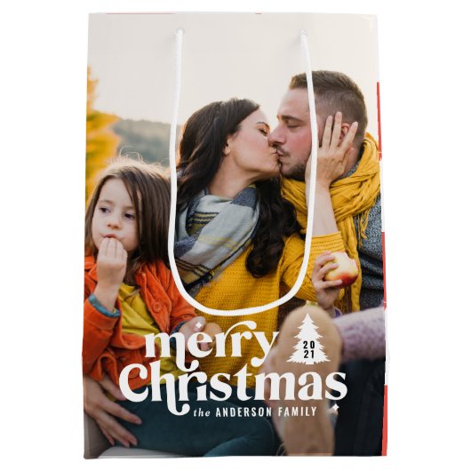 Vrolijk kerstfeest moderne typografie 1 foto medium cadeauzakje (Achterkant)