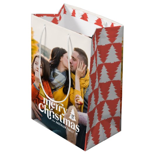 Vrolijk kerstfeest moderne typografie 1 foto medium cadeauzakje (Achterkant Gekanteld)