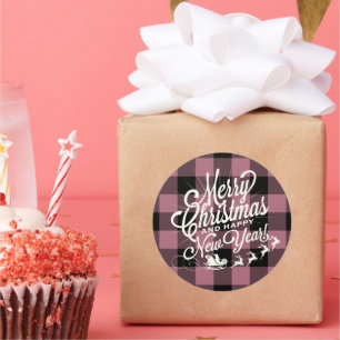 Vrolijk kerstfeest, mooi nieuwjaar Paarse cheque Ronde Sticker