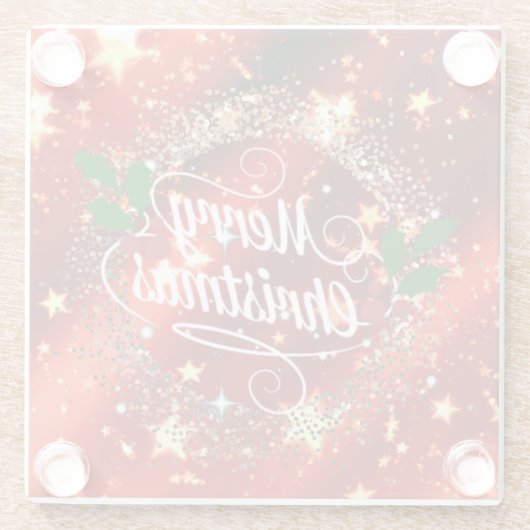 Vrolijk kerstfeest, mousserend rood en goudvormig  glazen onderzetter (Achterkant)