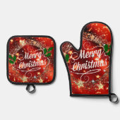 Vrolijk kerstfeest, mousserend rood en goudvormig  ovenwant & pannenlap set (Voorkant)