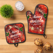 Vrolijk kerstfeest, mousserend rood en goudvormig  ovenwant & pannenlap set (Top down)