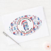Vrolijk Kerstfeest & Naam op 4 Pinguïn Patroon Ovale Sticker (Envelop)
