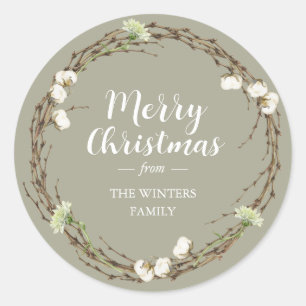 Vrolijk kerstfeest naam Wintergroen Ronde Sticker