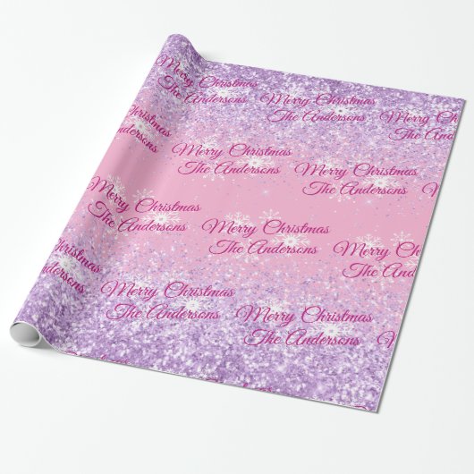 Vrolijk kerstfeest, namen, fuchsia script, glitter cadeaupapier (Uitgerold)