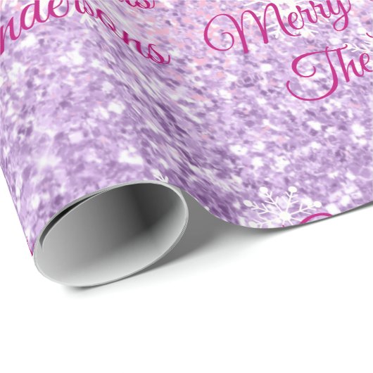 Vrolijk kerstfeest, namen, fuchsia script, glitter cadeaupapier (Rol Hoek)